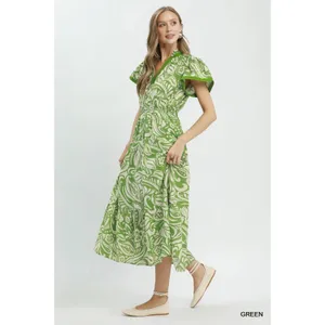 Umgee Paisley Print Midi Dress with Side Pockets - Green - Small thumbnail 2