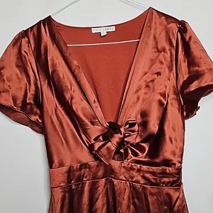 NWOT Baltic Born Poppy Satin bronze brown knot tie front flowy midi dress sz S thumbnail 2