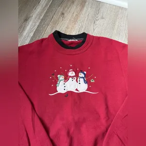 VTG Winter Snowman Sweater Pullover Sweatshirt Red Black Embroidered Size L XL thumbnail 4