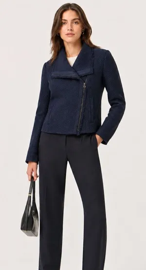Vince Navy Blue Tweed Asymmetrical Zip Blazer Jacket Womens XS Preppy Classic thumbnail 1