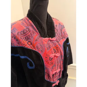 Vintage 80s/90s Black Corduroy Wearable Art Jacket Pink Paisley Frog Closures thumbnail 3