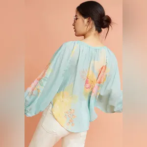 Anthropologie Farm Rio Basel Peasant Top Blue Medium thumbnail 2