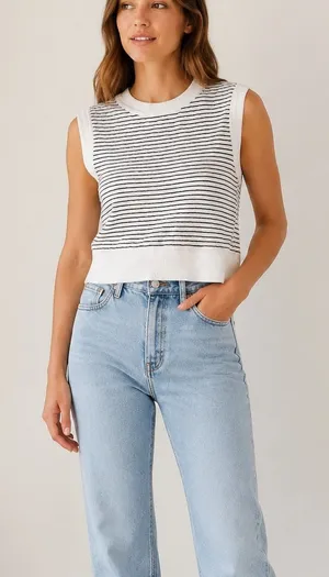 Miou Muse White & Bavy Striped Sleeveless Knit Tank Top Small thumbnail 1