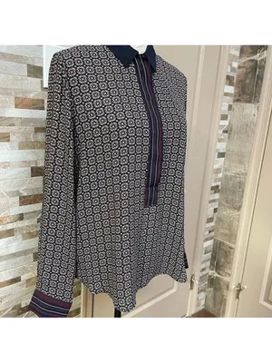 LOFT half button Hanley top tunic blouse shirt Geometric print burgundy Sz M thumbnail 11