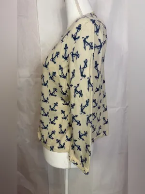 Garnet Hill Cream and Navy Anchor Button-Front Top thumbnail 2