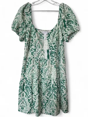 House Of Harlow 1960 Puff Sleeve Hook & Eye Linen Blend Mini Dress M Ivory/Green thumbnail 4
