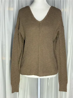 Hippie Rose V-Neck Button Up Back Chunky Knit Sweater Taupe Brown Size S thumbnail 1