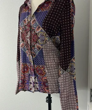 Crosby Large Purple, Red Boho Pattern 70s Button Down Long Sleeve Shirt thumbnail 9