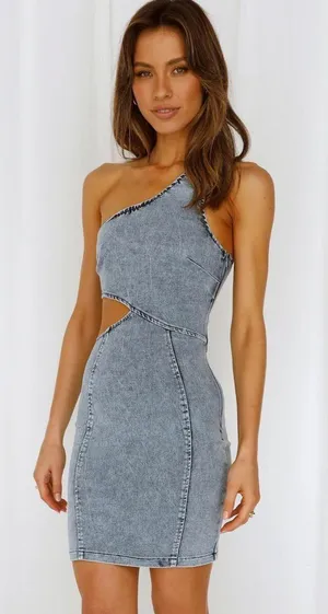 Hello Molly Denim one shoulder mini dress thumbnail 1