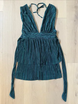 Emerald Green Plunge V-Neck Pleated Satin Mini Dress Women's Medium Large thumbnail 3