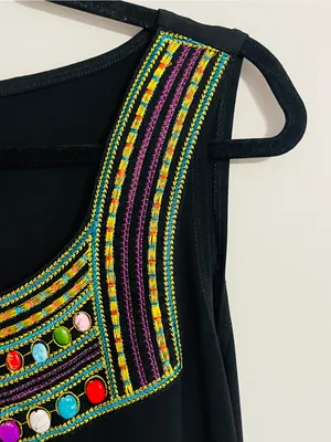 Vintage 90’s Ronni Nicole Black Boho Chic Sleeveless Mini Dress Beaded Neck Sz 8 thumbnail 7