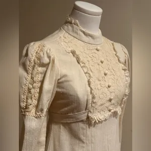 1970’s Prairie-Style Delicate Vintage Cream Puff Sleeves high neck bodice, waist thumbnail 6