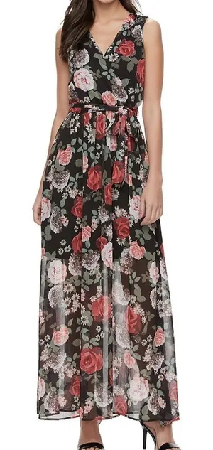 Disney Beauty And The Beast Black Red Rose Floral Sleeveless Maxi Dress Size S thumbnail 1