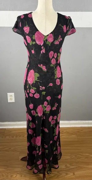 Black Floral V-Neck Maxi Dress with Pink Roses Reversible small-medium thumbnail 1