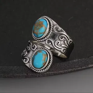 Vintage Wrap Ring Silver Plated Delicate Carving On The Surface Inlaid Turquoise thumbnail 5