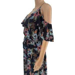 Ann Taylor Loft Floral Cold Shoulder Maxi Dress Navy Blue‎ Large Wrap Tie Waist thumbnail 10