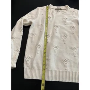 LOFT Womens Cream Textured Bobble Pointelle Knit Crewneck Sweater‎ Ivory Small thumbnail 2