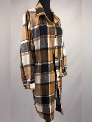 SheIn Plaid Long Coat/Jacket Shirt Camel Black White Plaid thumbnail 2