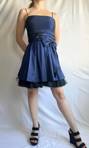 Fiesta Solid Straight Ruched Satin/Mesh Homecoming Dress - Blue/Black - M thumbnail 1