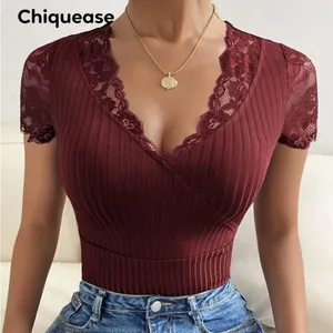 Shein Maroon Lace Panel Rib Knit V-neck Short Sleeve Stretchy T-shirt Top Sz M thumbnail 1