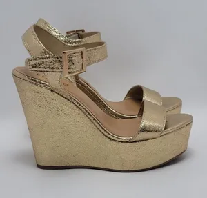 Bamboo Platform High Wedge Heels Ankle Strap Round Toe Metallic Gold Sandal Sz 8 thumbnail 1