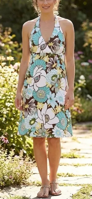 F.L.P. Halter mini bold floral print sundress backless multi colored Y2K size 14 thumbnail 1