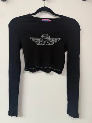 Edikted Black Rhinestone Angel Wing Crop Long-Sleeve Top Size xSmall thumbnail 1