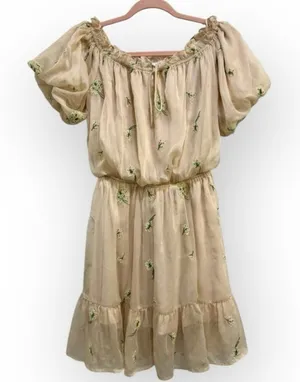 G.P.D. Cream Floral Embroidered Puff Sleeve Dress - Size Medium thumbnail 1
