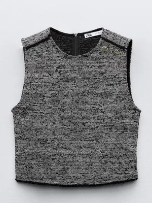 Zara Jacquard‎ Structured Gray Black Tweed Top thumbnail 8