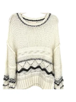 Saltwater Luxe Open Knit Sweater Cream Black Size XL Rustic Coastal Boho Chic thumbnail 2