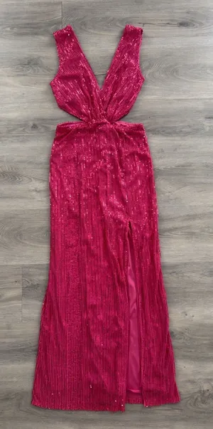 Just Quella Women's Hot Pink Sequins Deep V Neck Side Cutouts Long Formal Dress Size 0-2 thumbnail 1