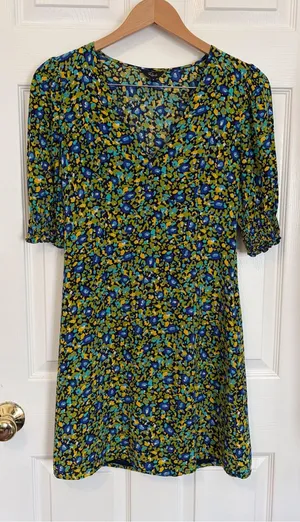Rails Roma Mini Dress Abstract Garden Green Blue Size Small Printed Puff Sleeve thumbnail 1