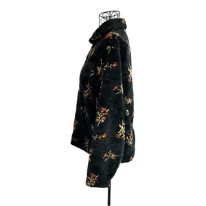 VTG Black Diamond Sherpa Fleece Botanical Floral Print Jacket Black Size Small thumbnail 5