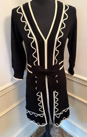 Vintage Milly New York Valentina Black Knit Dress with White Rick Rack Waist Bow thumbnail 1