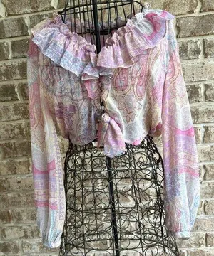 Ruffled Knotted Crop Top Blouse Medium Paisley Abstract Gold Color … thumbnail 1