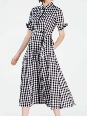 CALVIN KLEIN Black White Gingham Plaid Short Sleeve Shirt Dress Midi Belted thumbnail 1