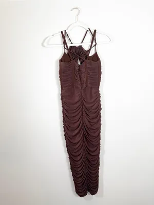 Club L London Dark Brown Espresso Mesh Ruched Strappy Midi Dress Size 2 thumbnail 3