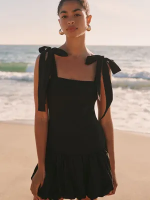NWT Anthropologie Black Cotton Tie Strap Bubble Hem Drop Waist Mini Dress Size M thumbnail 4