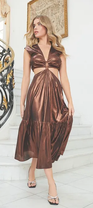 Sugarlips Marbella Bronze Metallic Cut Out Midi Dress XL thumbnail 1