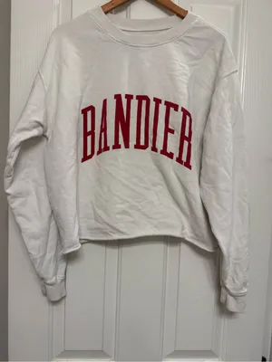 Bandier White Cropped Varsity Logo Crewneck Sweatshirt Small thumbnail 1