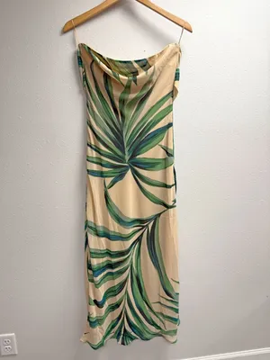*NEW* Dress Forum Beige Palm Leaf Print Strapless Chiffon Maxi Dress thumbnail 3