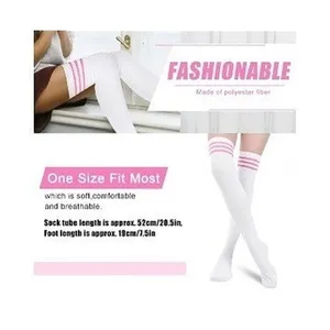 White with 3 Pink Stripes Over the Knee Tall Socks ONE SIZE School Girl NEW thumbnail 3