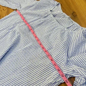 Blue White Striped Seersucker Coastal Blouse Bell Sleeve Scoop Neck Size M/L thumbnail 3