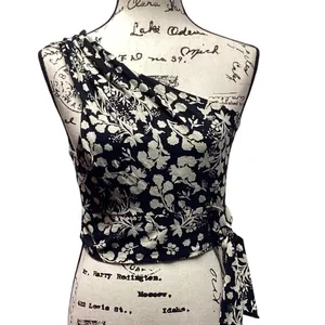 Free People Carmen One Shoulder Tie Waist Tropical Black And Ivory Floral Medium thumbnail 2
