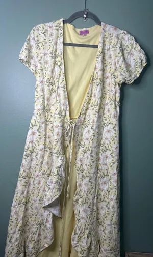 Francesca's Miami Floral Yellow Wrap Maxi Dress Cover Up Cottagecore Ruffle M thumbnail 1
