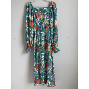 PRETTYGARDEN Green Tropical Floral Maxi Dress Smocked Cuff Square‎ Neck Boho M thumbnail 3