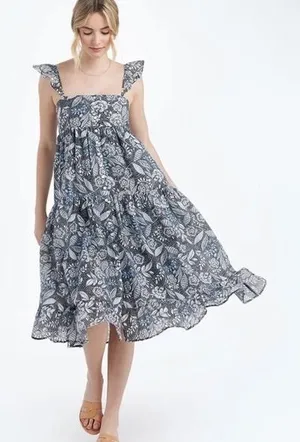 Summersalt Ruffle Oasis Dress Blue Black Floral Tiered Smocked Midi SM thumbnail 1
