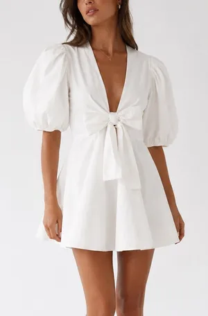 Choosy White Puff Sleeve Tie Front Cottagecore BohoSummer Vacation Mini Dress thumbnail 1