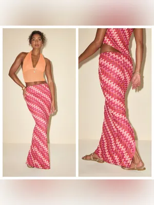 Lulu's Fiala Pink Multi Crochet Chevron Mermaid Maxi Skirt thumbnail 2