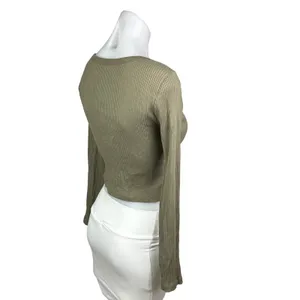 Uniqlo Women's Olive Green Ribbed Button Up Cropped Top Sweater Cardigan Size S thumbnail 3